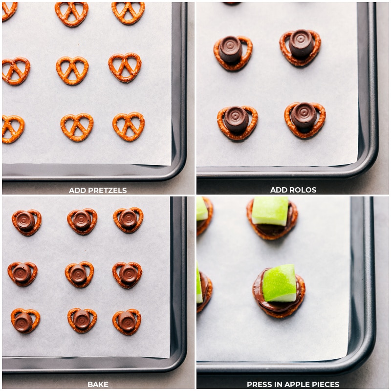 Process shots: place pretzels on a lined baking sheet; add Rolos and bake. Remove from oven and press in apple pieces.