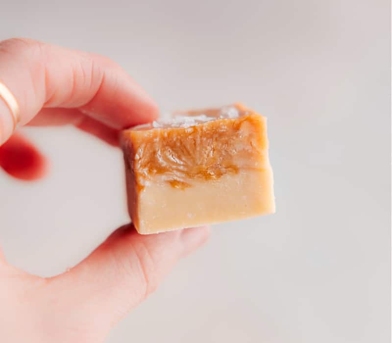 Closeup view of a piece of Caramel Apple Fudge