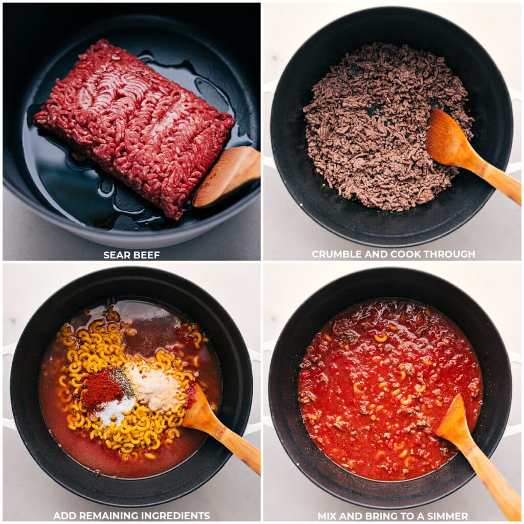 Preparing homemade Hamburger Helper: Cooking ground beef and combining ingredients in a pot