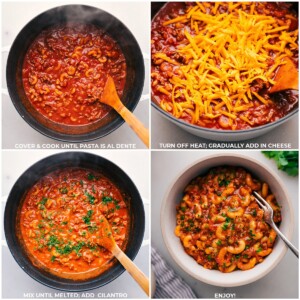 Adding Cheese and Cilantro to Homemade Hamburger Helper and Serving in a Bowl