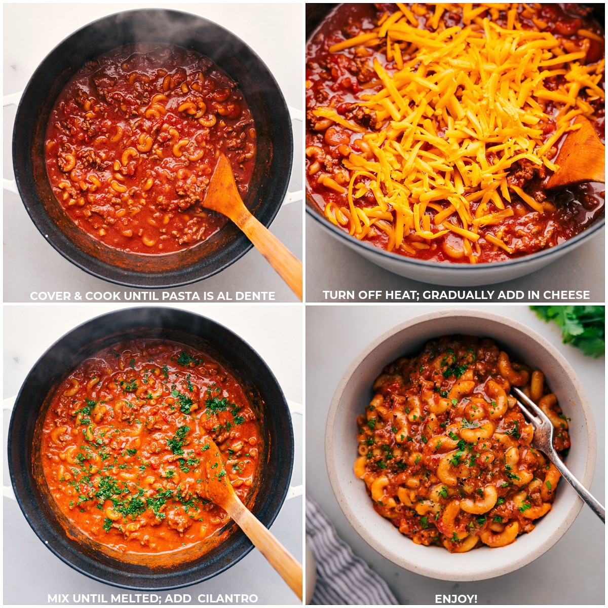 Adding cheese and cilantro to dish and serving in a bowl