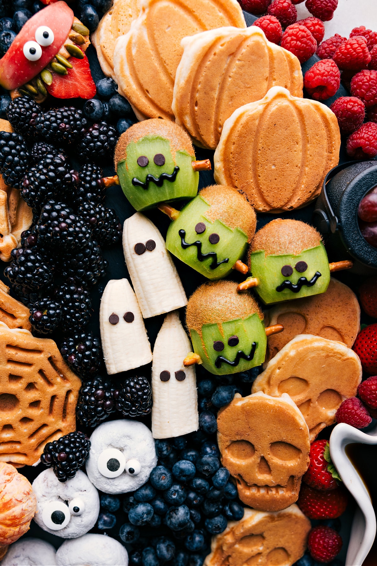 Tray filled with a spooky selection of Halloween breakfast ideas.