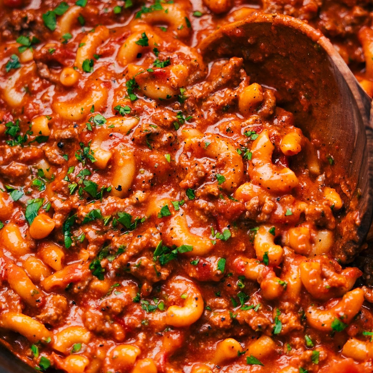 Savory homemade Hamburger Helper in the pot, ready to serve