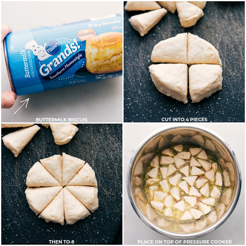 Process shots of preparing biscuits for Chicken and Dumpling Instant Pot recipe: quartering and eighthing biscuits before placing in the pot.