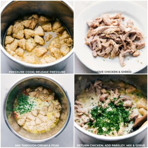 Steps after cooking the dish: releasing pressure, shredding chicken, adding cream and peas, and garnishing with parsley.