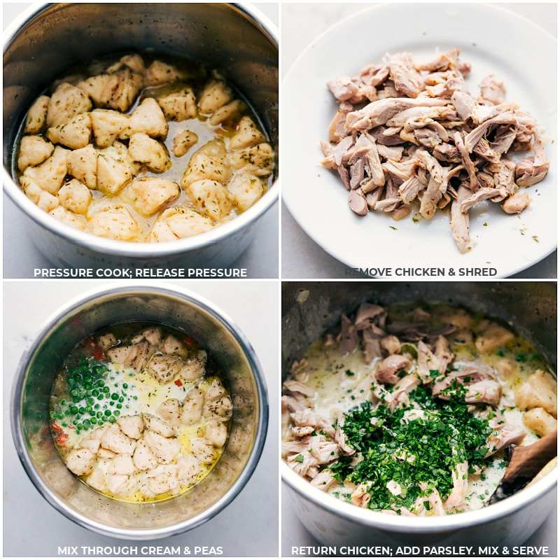 Steps after cooking the dish: releasing pressure, shredding chicken, adding cream and peas, and garnishing with parsley.