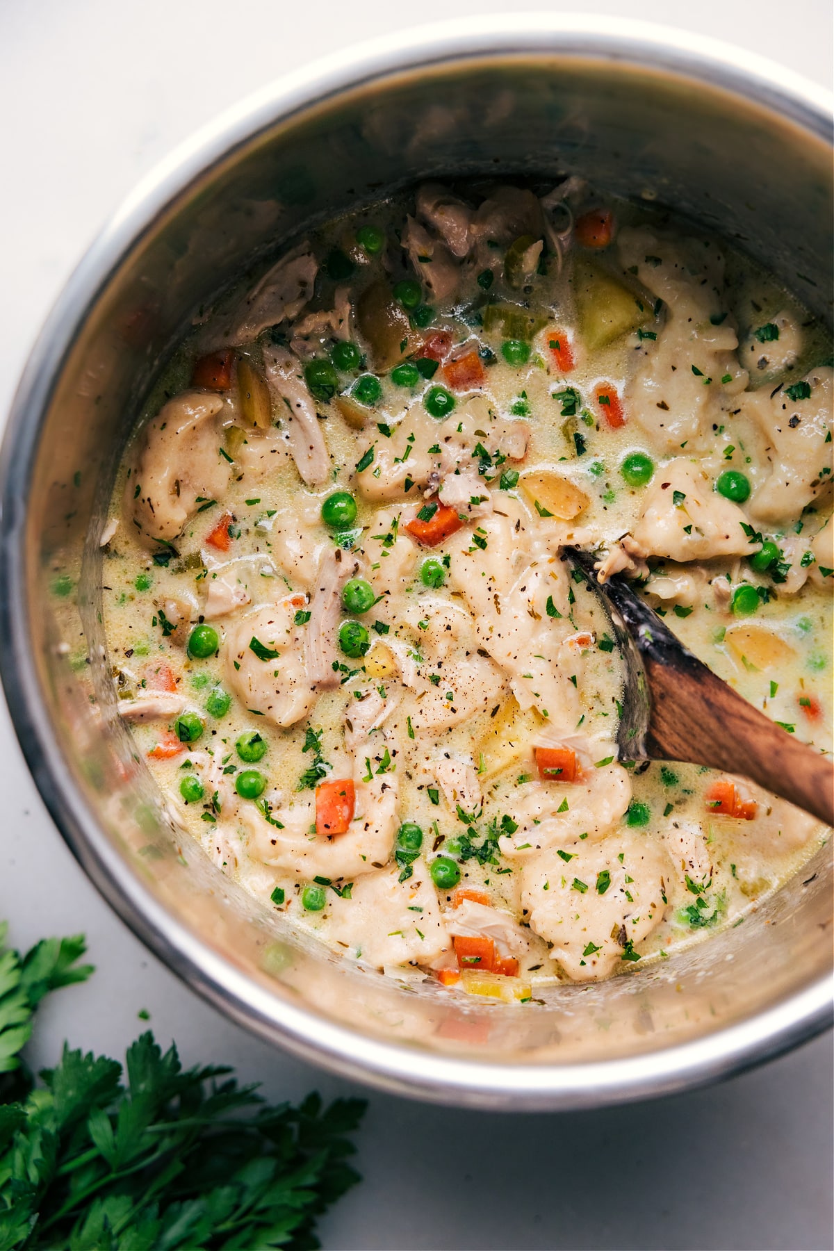 Instant Pot Chicken and Dumplings inside the pot.