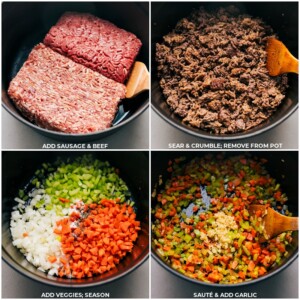 Browning meat and sautéing vegetables for lasagna preparation.