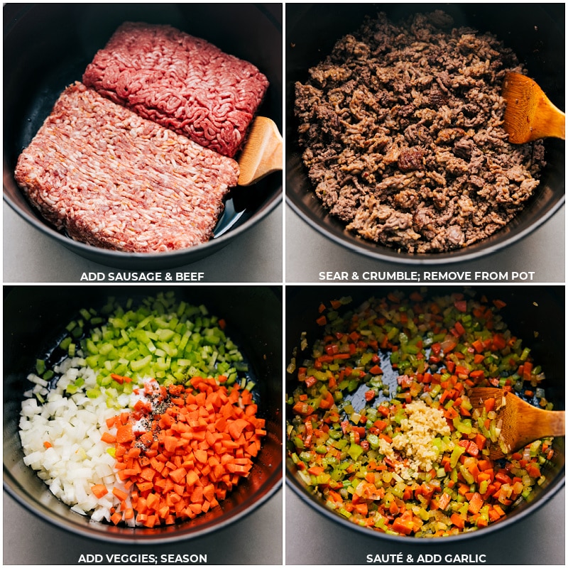 Browning meat and sautéing vegetables for Lasagna preparation.