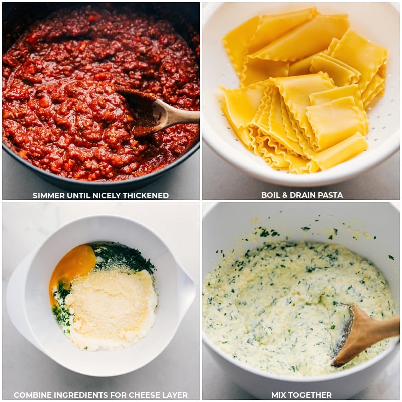 Easy Lasagna recipe step: Cooking and draining noodles, then preparing cheese sauce.