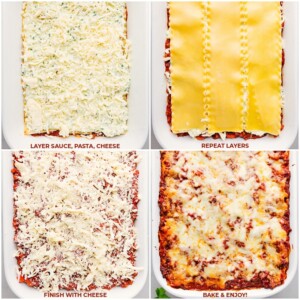 Demonstrating how to make lasagna by layering ingredients in a 9x13 dish.