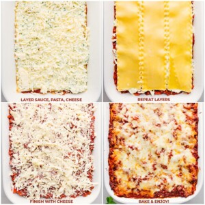 Demonstrating how to make lasagna by layering ingredients in a 9x13 dish.