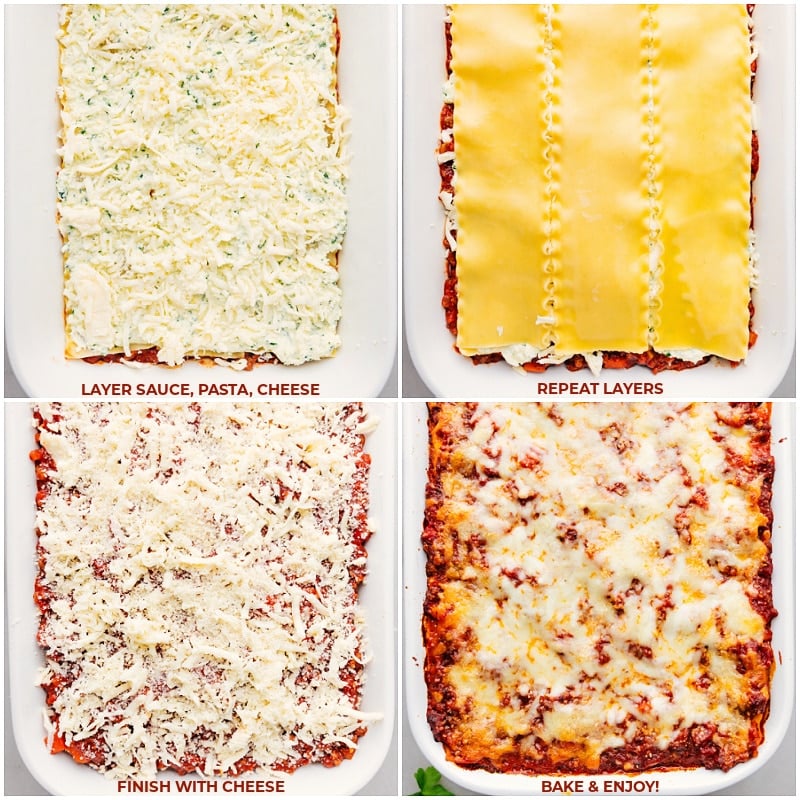 Demonstrating how to make Lasagna by layering ingredients in a 9x13 dish.