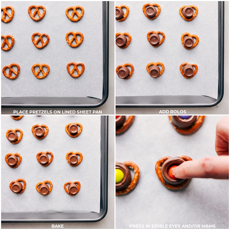Process shots: pretzels being laid out with Rolos going on top; M&M's being pressed into them after baking