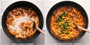 Adding Cream, Simmering, Mixing with Basil, and Serving One Pot Penne Pasta with Italian Sausage.