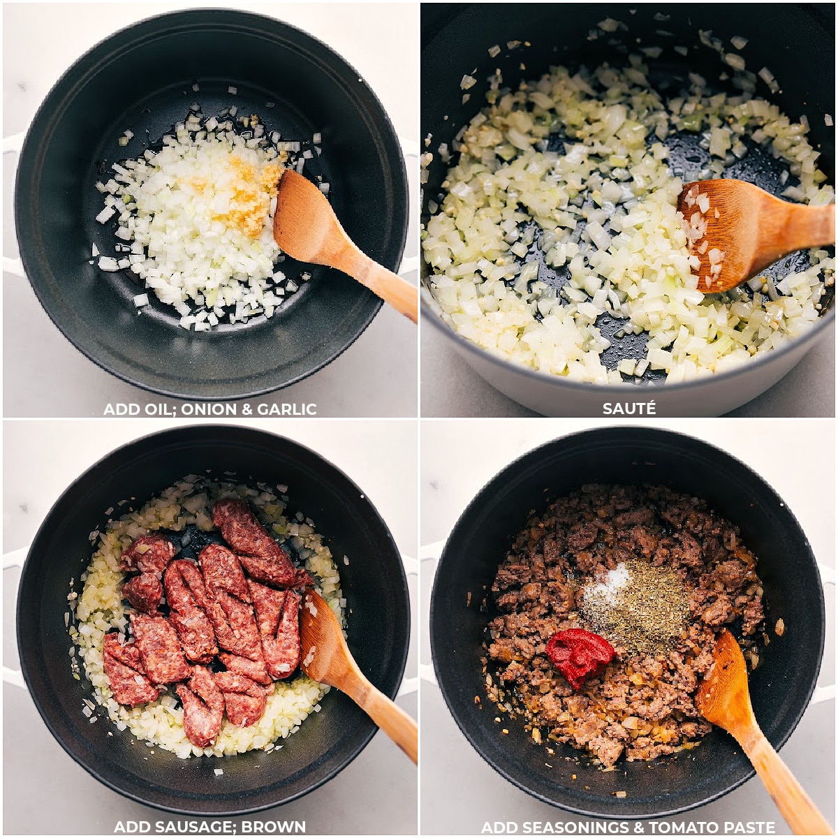 Sautéing Onion and Garlic, Browning Sausage, Stirring in Seasonings and Tomato Paste for One Pot Penne Pasta with Italian Sausage.