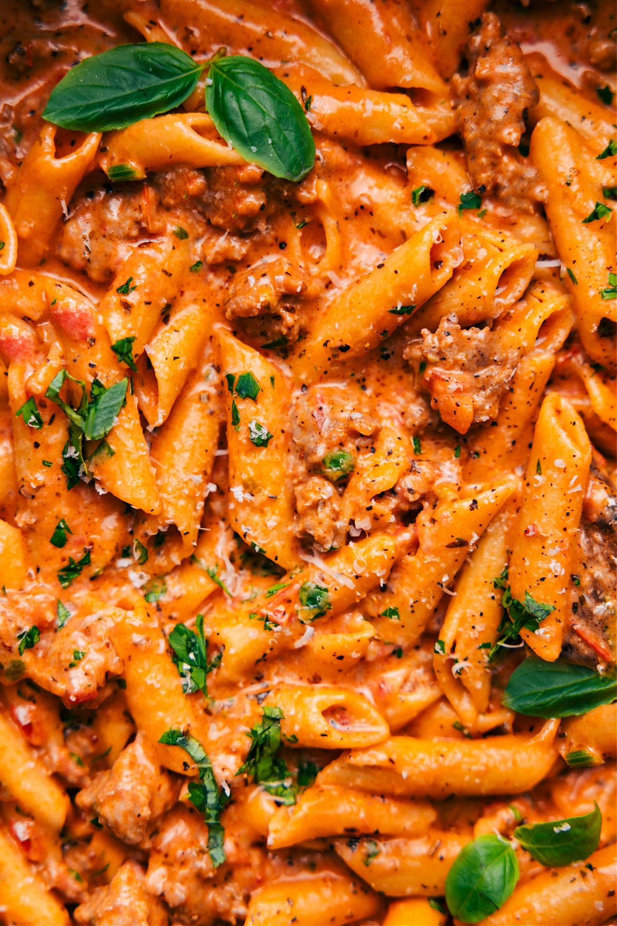 Close-up View of Penne Pasta with Italian Sausage Dish.