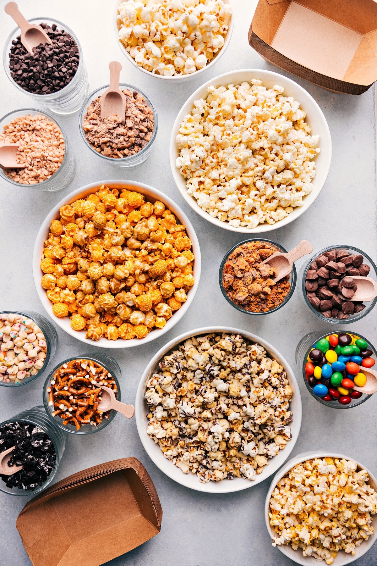 Popcorn Bar with various toppings and choices.