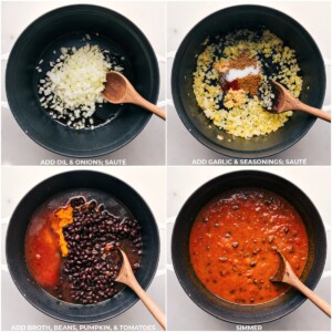 Step-by-step images showcasing the sautéing of onions, garlic, and seasonings, followed by the addition of broth, beans, pumpkin, and tomatoes, and simmering of the mixture.