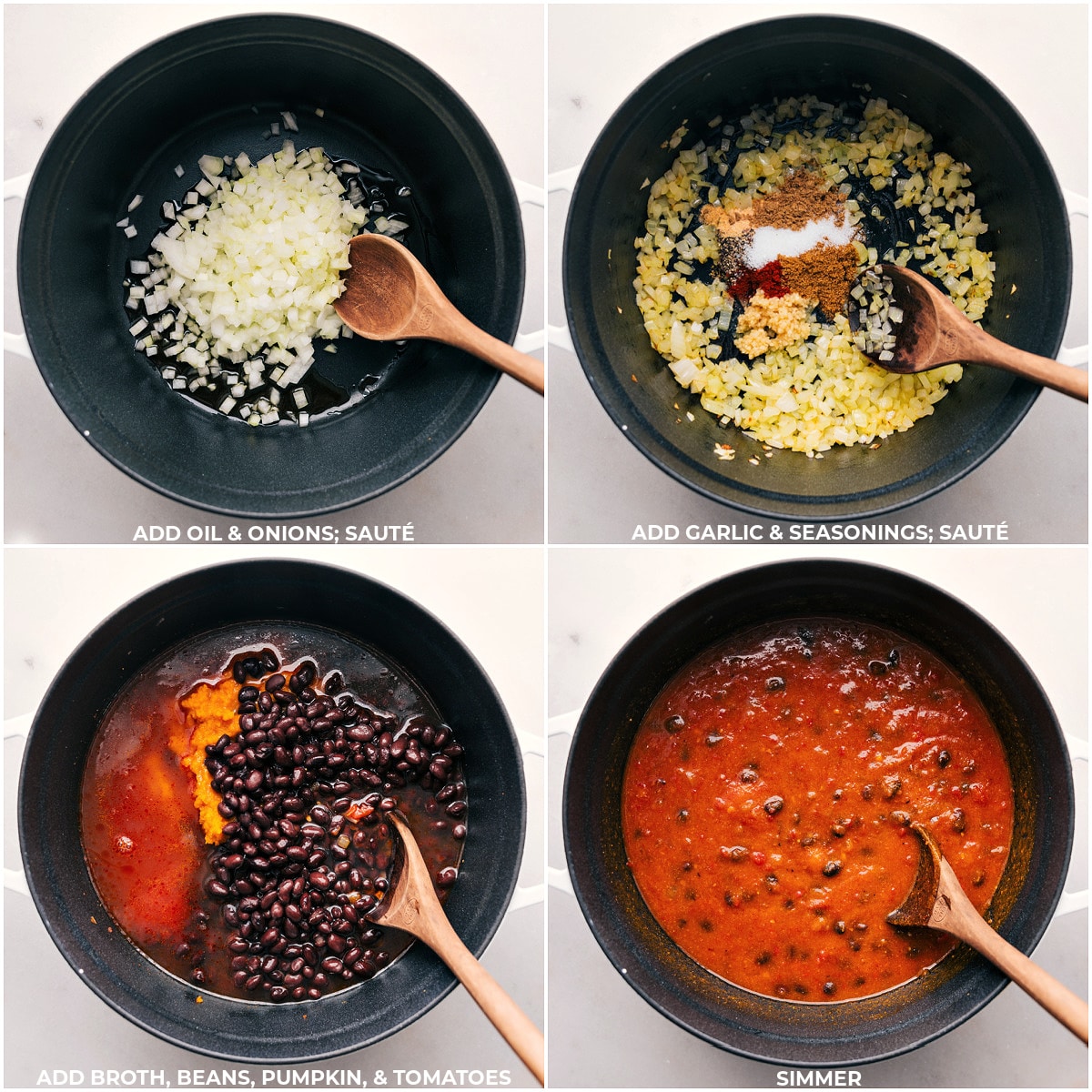 Step-by-step images showcasing the sautéing of onions, garlic, and seasonings, followed by the addition of broth, beans, pumpkin, and tomatoes, and simmering the mixture.