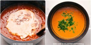 Images depicting the addition of cream to Pumpkin Black Bean Soup, followed by cilantro garnish.