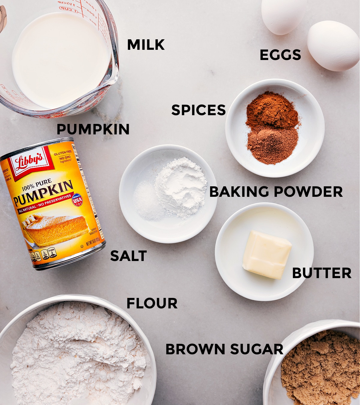 Laid-out ingredients for making Pumpkin Pancakes.