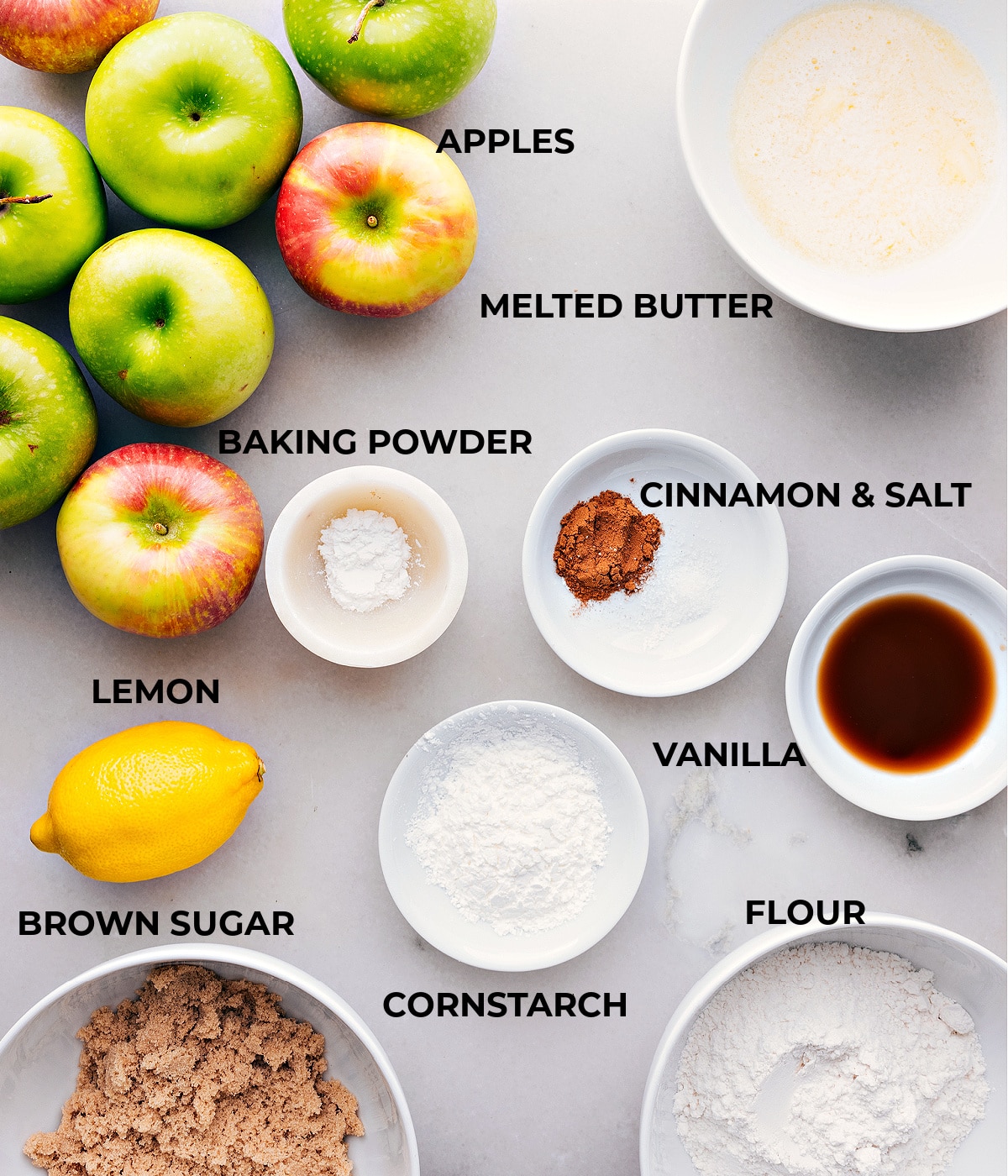 Ingredients for apple crumble pie recipe.