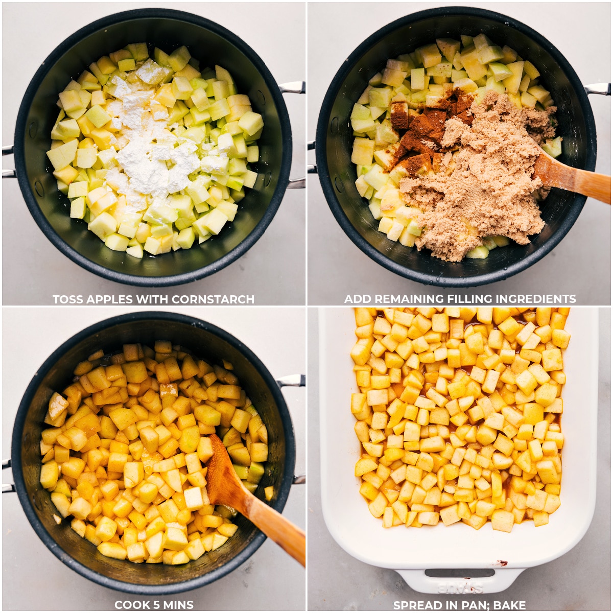 Tossing apples with cornstarch and adding filling ingredients for baking in a 9x13 pan.