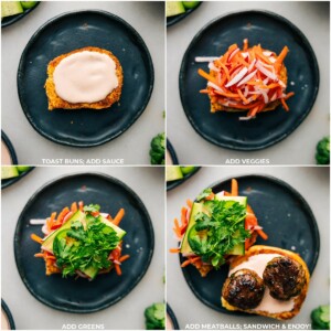 Toasted buns being layered with pickled veggies, tangy sauce, and topped with a succulent meatball banh mi for the final assembly.