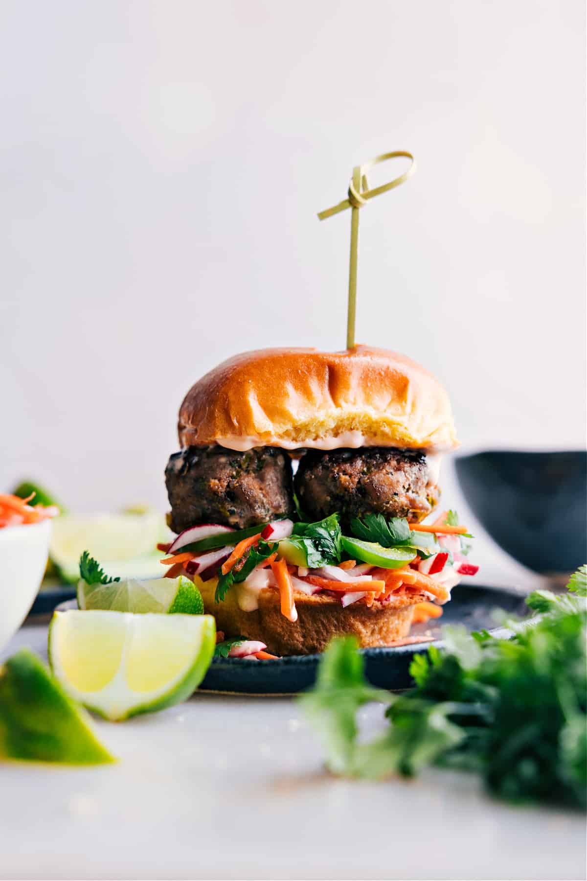 Tantalizing Meatball and Vegetable slider, ready to enjoy Mouth-watering slider brimming with succulent banh mi meatballs and crisp vegetables, fully assembled and ready to delight.