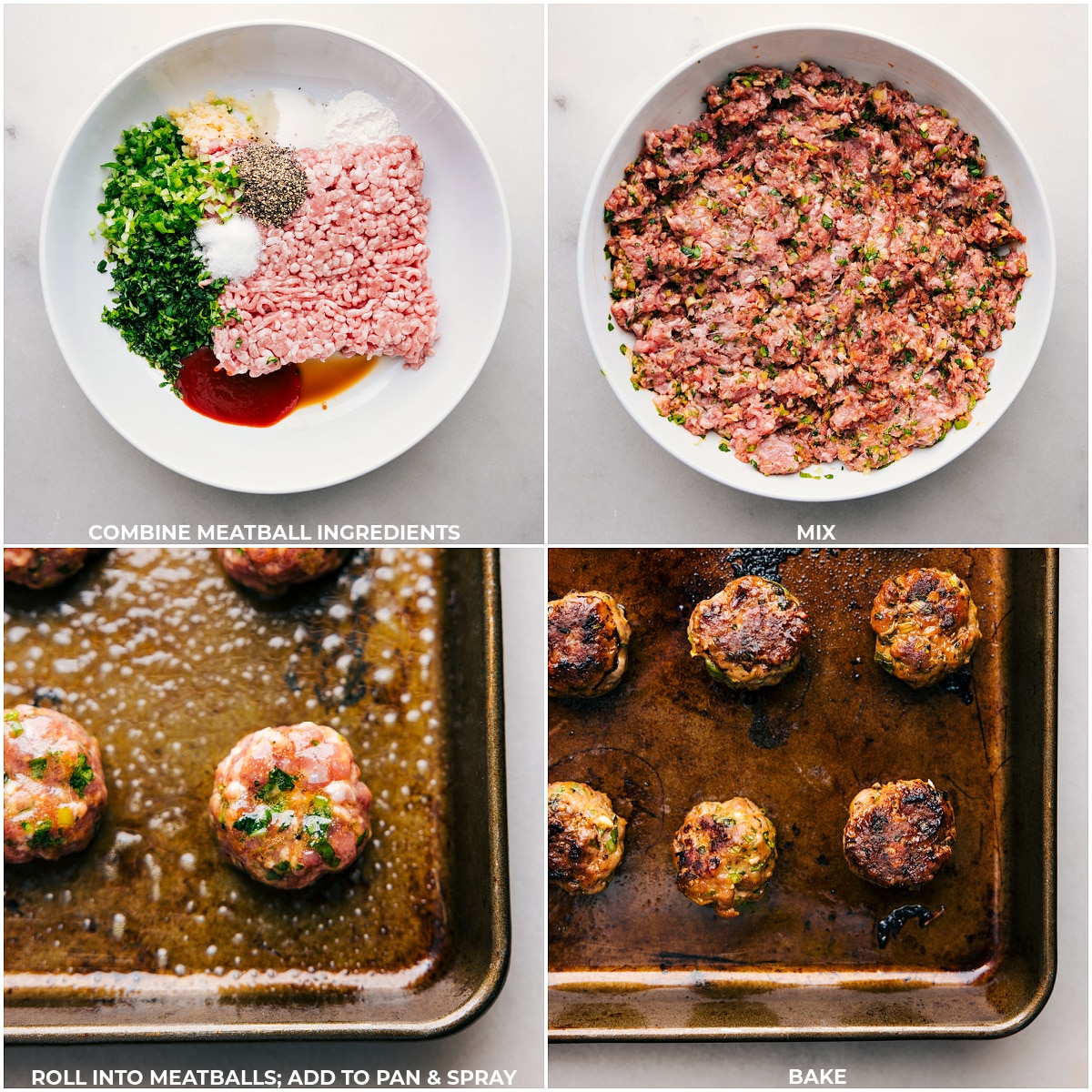 Mix meatball ingredients, shape into uniform balls, and bake to perfection.