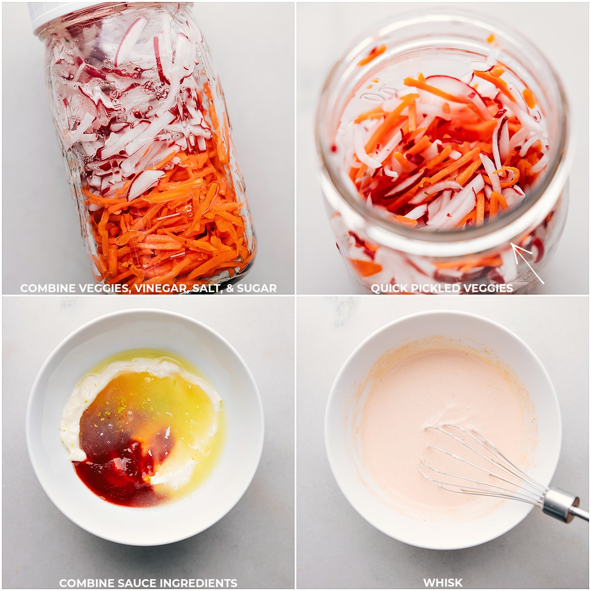 Vegetables, vinegar, salt, and sugar combined in a Mason jar for pickling, alongside sauce ingredients being whisked together.