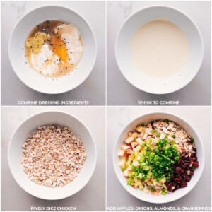 Two mixing bowls, one with dressing ingredients being whisked together, and the other with diced chicken and apple ingredients being combined.