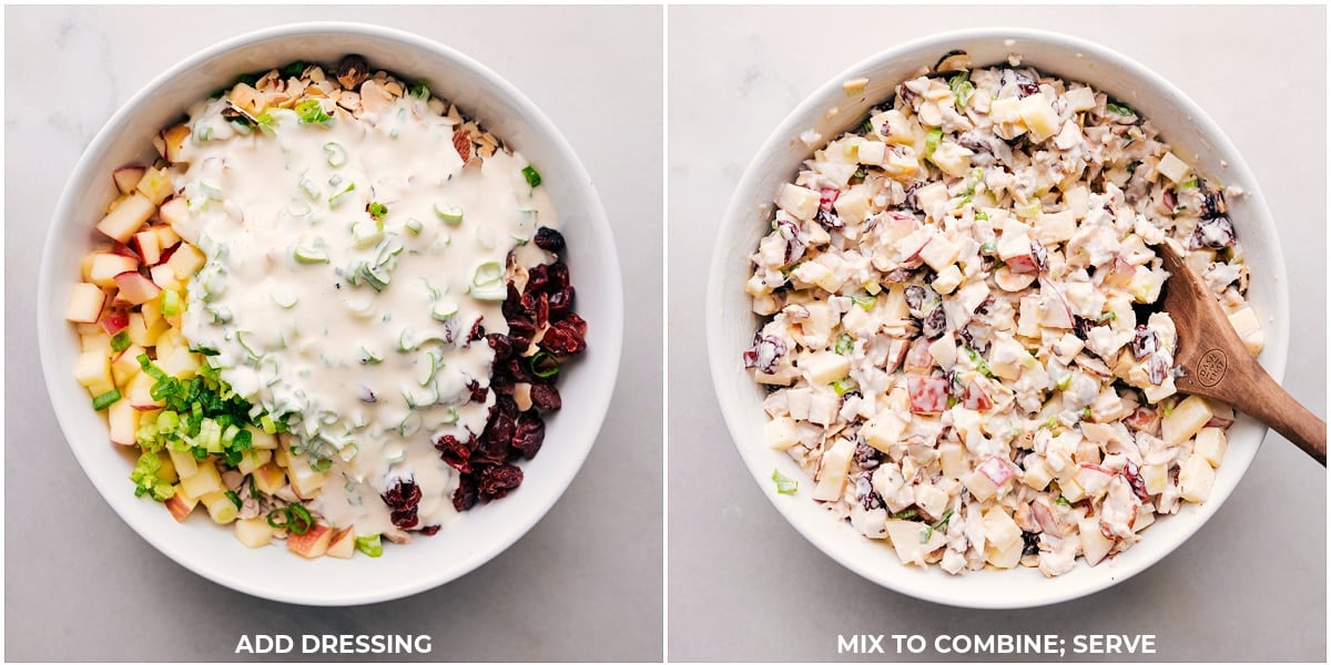 Dressing being poured over chicken and mixed together.