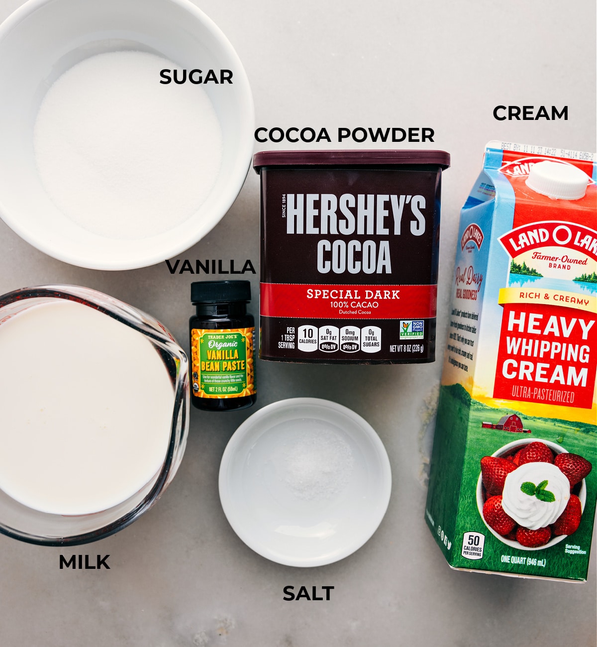 Ingredients for hot chocolate recipe: milk, sugar, cocoa powder, and more, ready for preparation.
