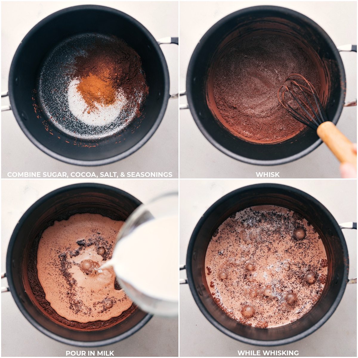 Sugar, cocoa, and seasonings combined and whisked, with milk introduced for slow heating.