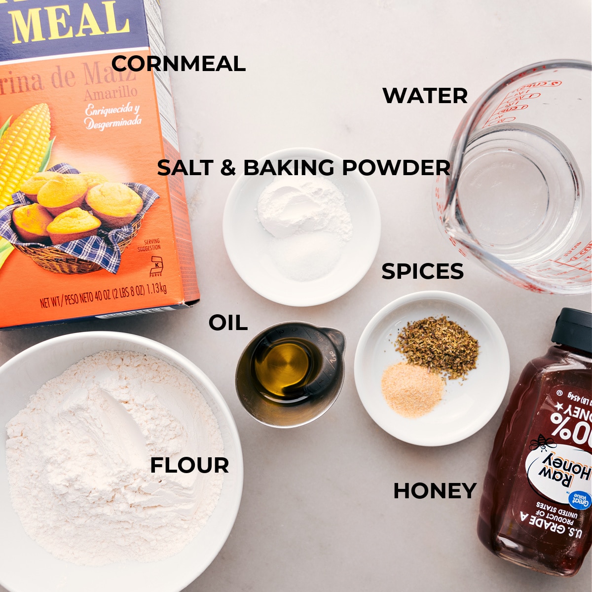 Ingredients laid out for making No-Yeast Pizza Dough.