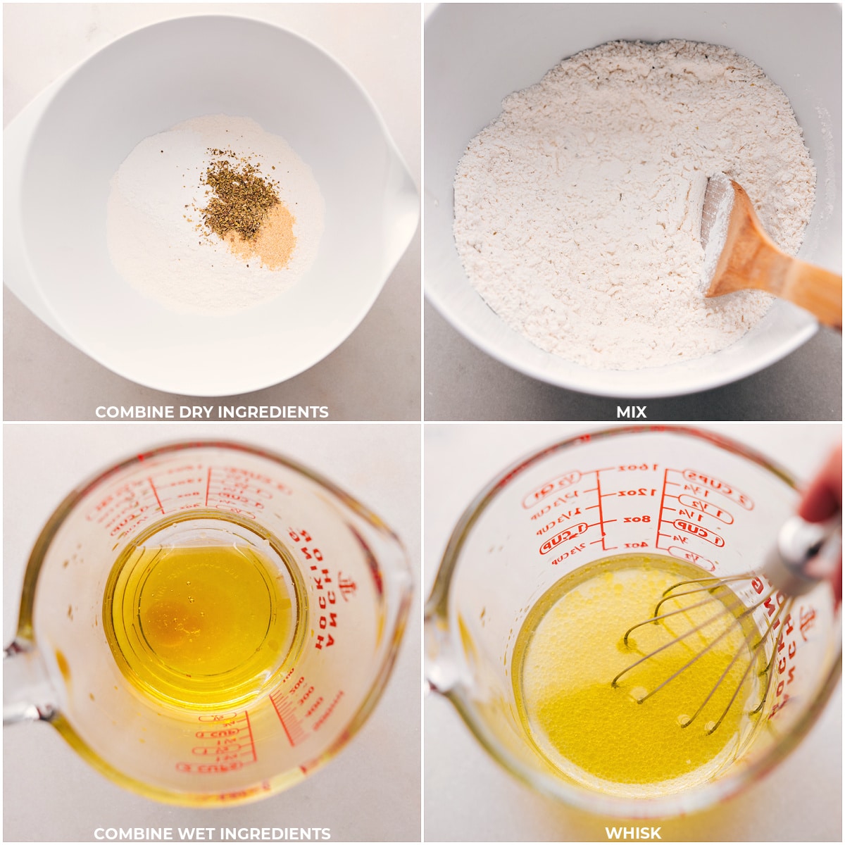 Dry ingredients in one bowl and wet ingredients in another, being mixed separately.