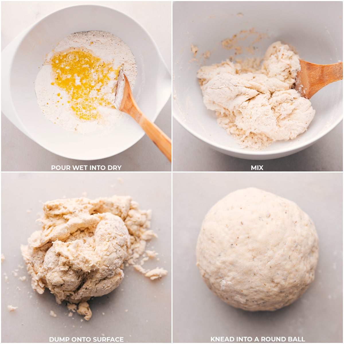 Wet and dry ingredients combined and then rolled into a ball for No-Yeast Pizza Dough.
