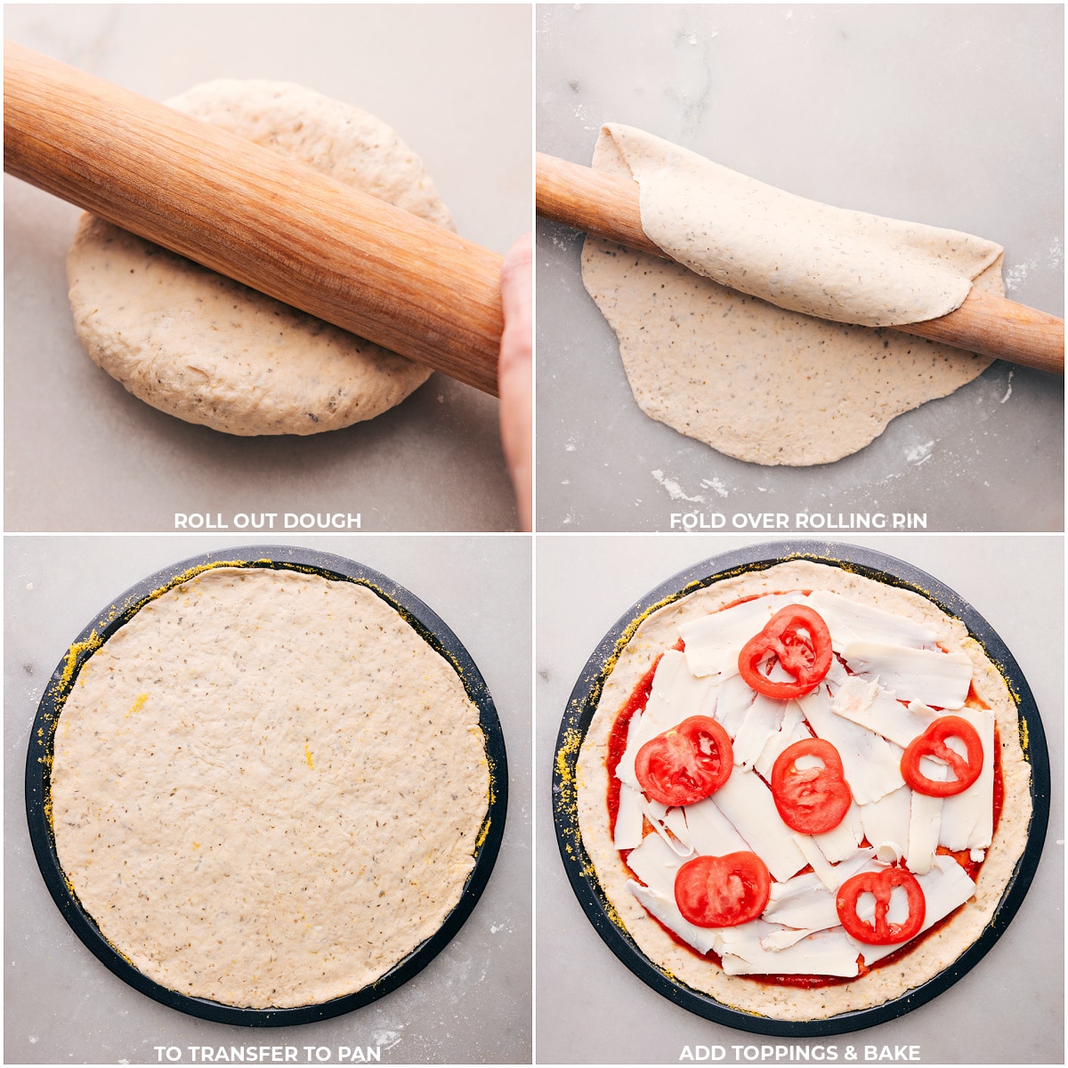 Dough being rolled out with pizza toppings being spread across its surface.