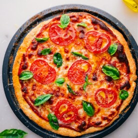 No-yeast pizza dough pizza, freshly baked and straight out of the oven.