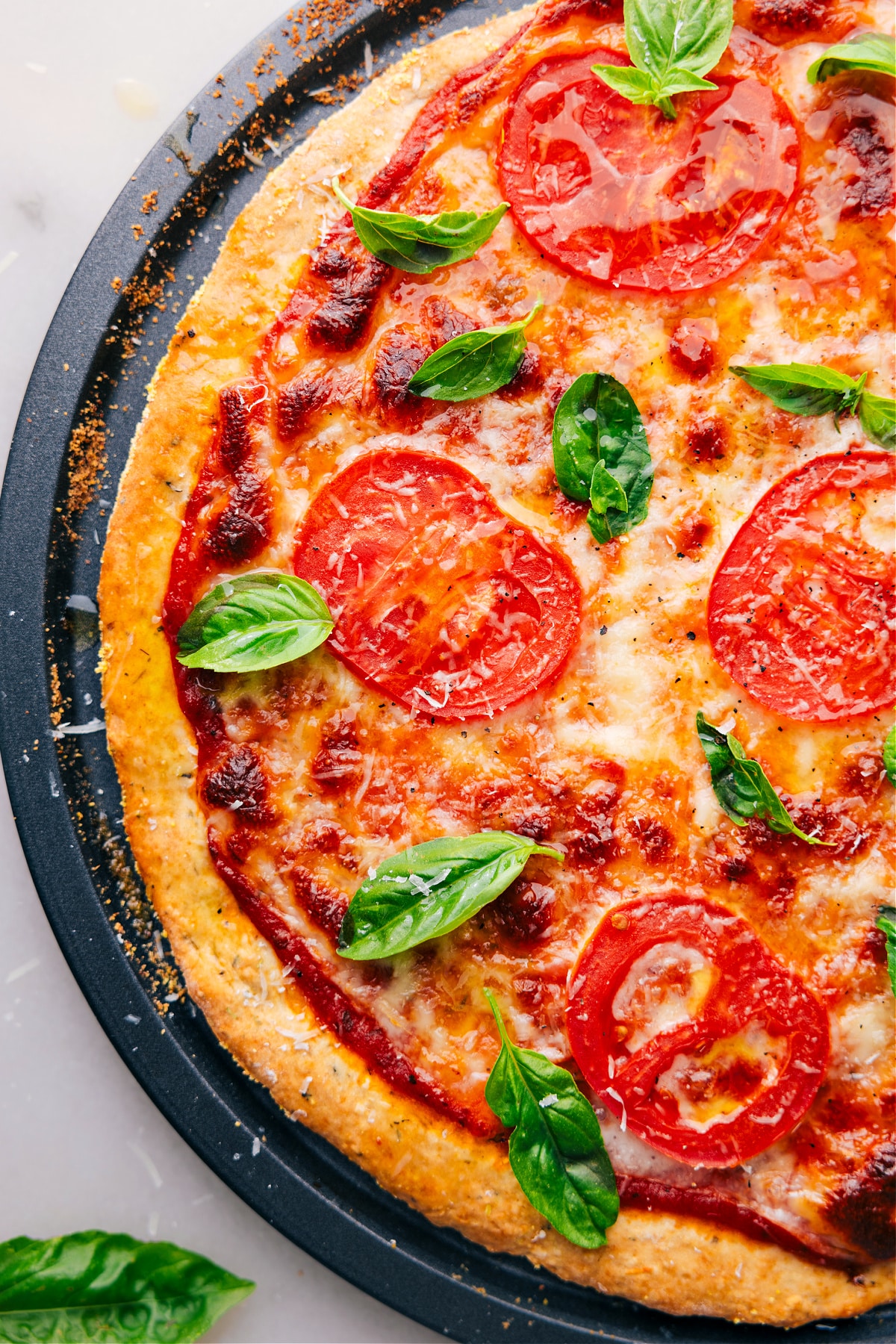 Overhead view of a pizza made with No-Yeast Pizza Dough