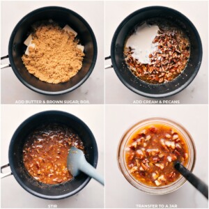 A cooking process showing butter and brown sugar boiling together in a saucepan, followed by the addition of cream and pecans, being stirred to create a rich filling for a dessert pie bar.