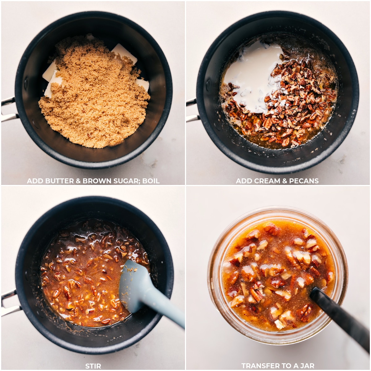 A cooking process showing butter and brown sugar boiling together in a saucepan, followed by the addition of cream and pecans, being stirred to create a rich filling for a Dessert Pie Bar.