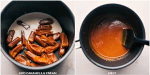 Caramel and cream being melted together for a caramel topping in this dessert pie bar.