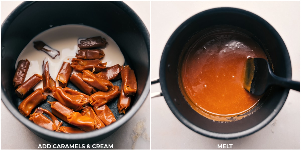 Caramel and cream being melted together for a caramel topping in this Dessert Pie Bar.