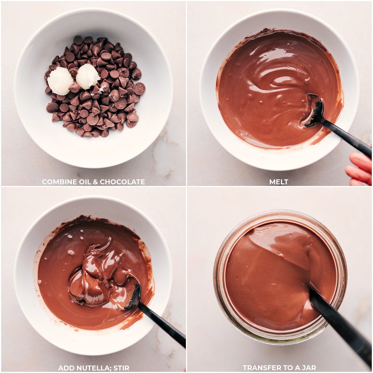Chocolate chips melting, transforming from solid morsels to a smooth, glossy liquid.