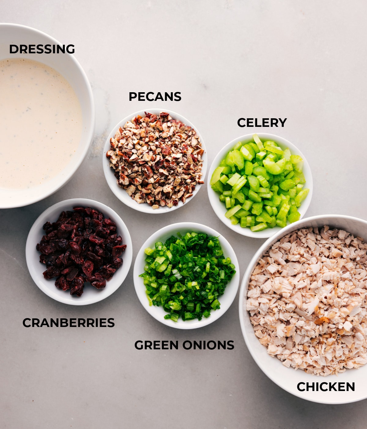 Ingredients for Rosemary chicken Salad featuring cranberries, celery, pecans, chicken, and additional items.