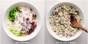 Creamy dressing being stirred in, thoroughly coating the components of the salad.