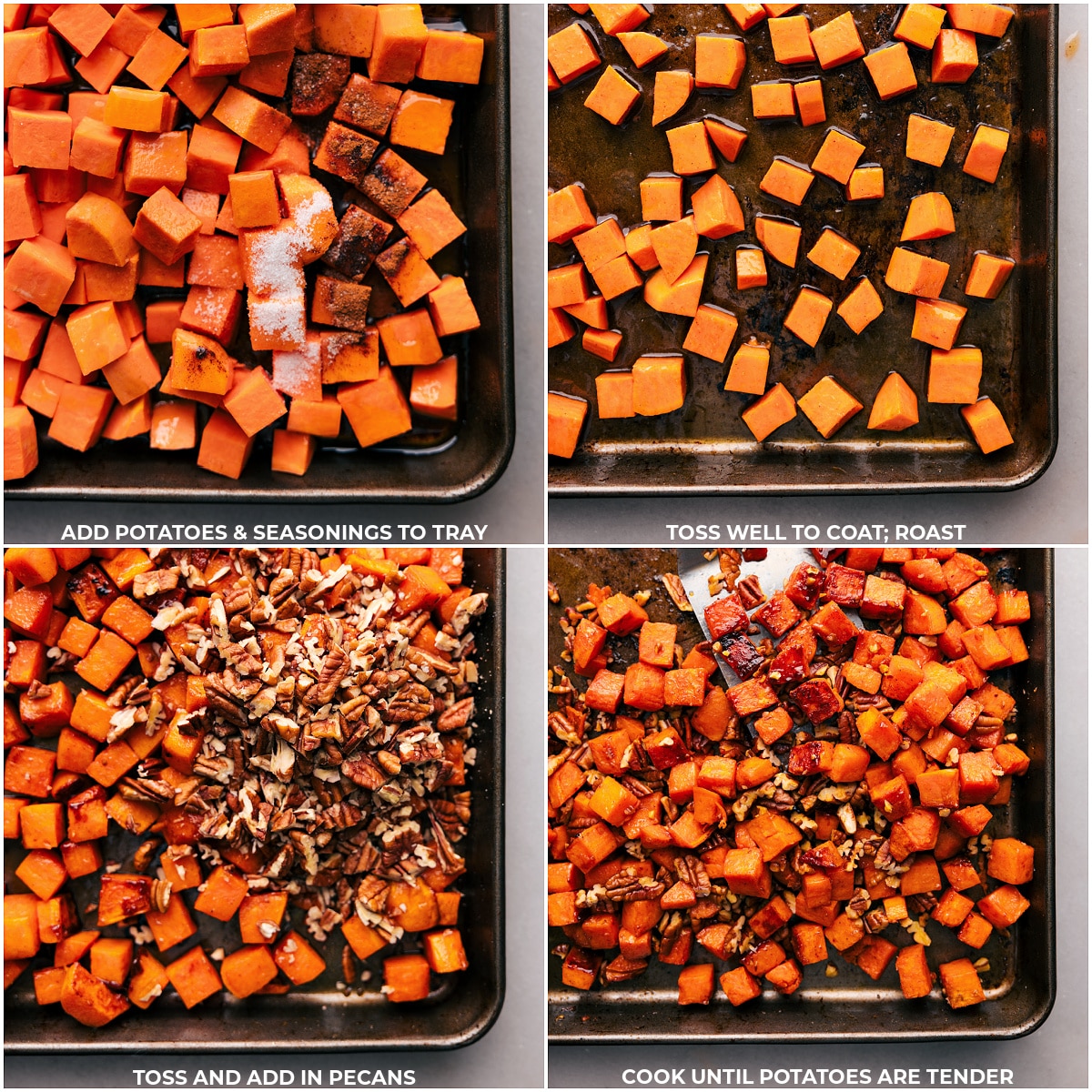Roasting sweet potatoes: from raw, peeled chunks, to their placement on a baking sheet, and finally their transformation into golden-brown, roasted delights.